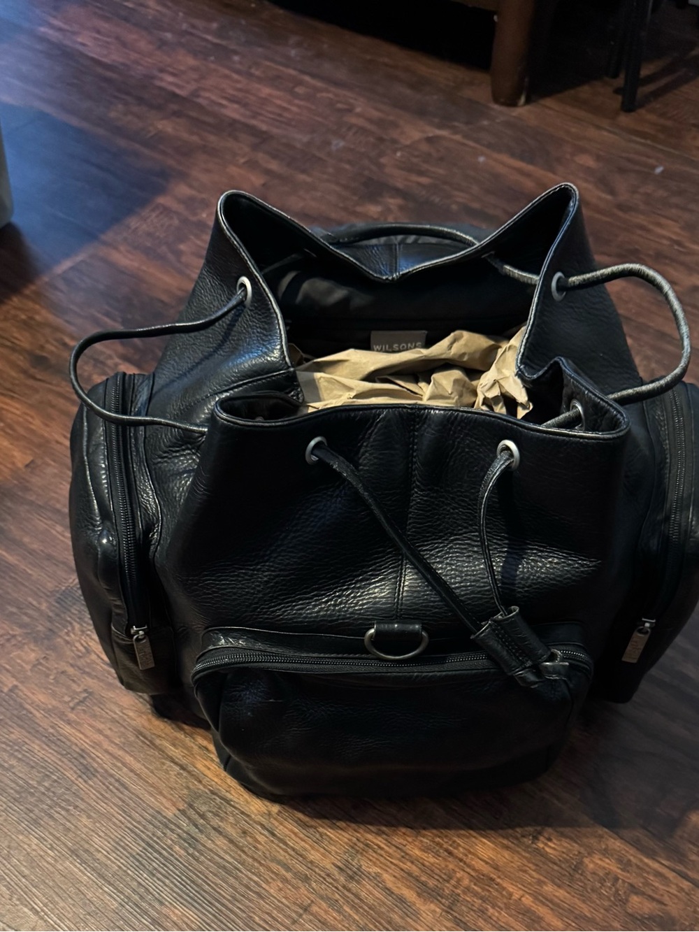 Wilsons Leather Black Pebbled Leather Drawstring Backpack - Picture 4 of 4